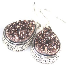 SILVER Vintage Style Copper Titanium Druzy Teardrop Earrings