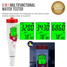 GIDIGI Pool Salt Tester pH Meter New Update Digital pH Tester Salinity Meter with Multiple Parameters Display for Pool Water Quality TDS EC Salt Meter for Saltwater Hot Tub&Spa Inground Pool Aquarium