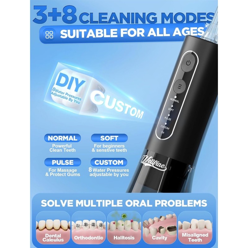 WELLFINE Water Dental Flosser Teeth Pick - 4 Modes Cordless