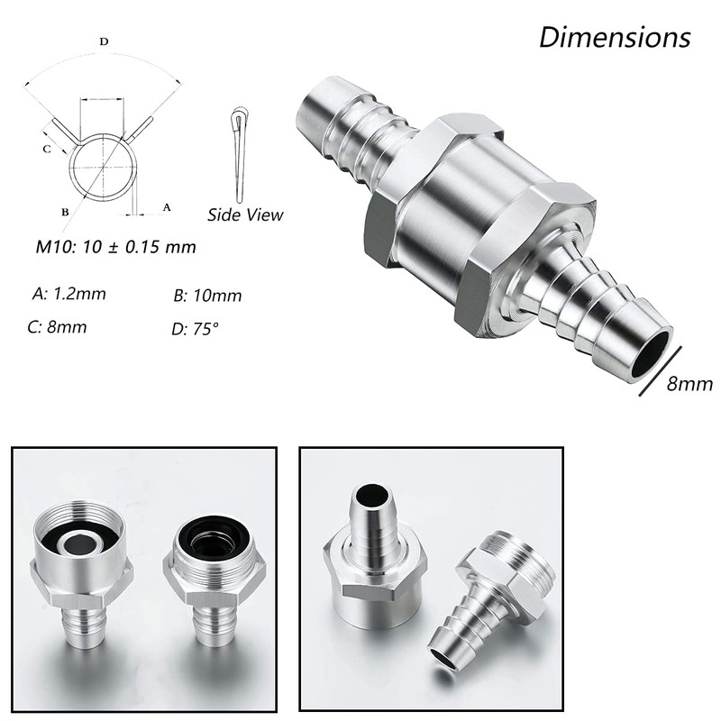 Fuel Check Valve, 8mm Aluminium Valve Check Valve, Non-Return Valve,