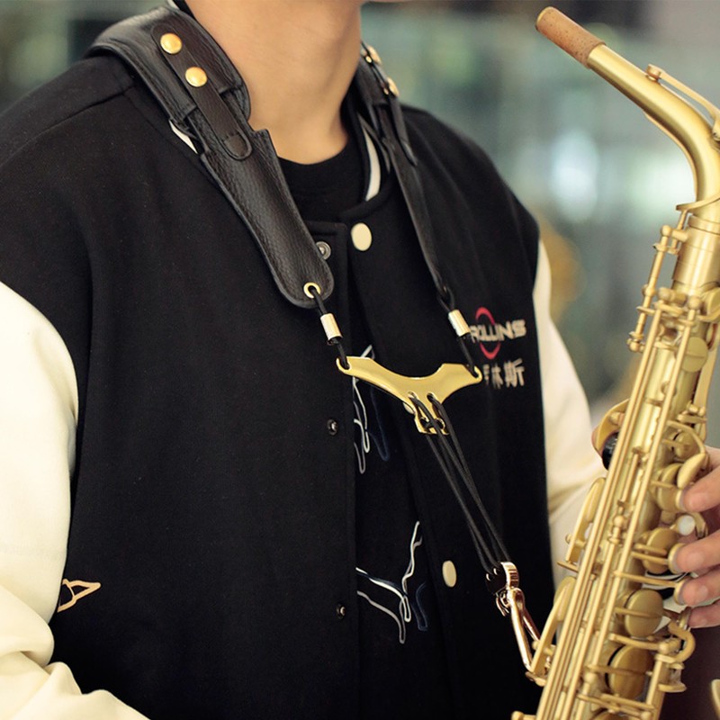 JIAMIAN Universal Black Genuine Leather Sax Neck Strap, Premium Saxophone