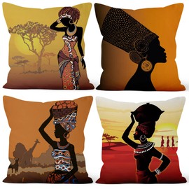 Aoihrraan 18 x 18 Inch Ethnic Cushion Covers Vintage African Women Tribal Totem Square Linen Throw Pillow Cover Boho Farmhouse Decor For Sofa Living Room Bed Outdoor Garden Couch, 46x46cm Set of 4