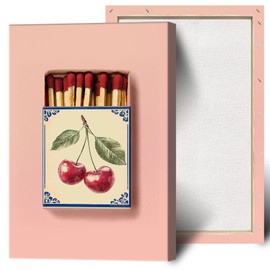 Vintage Cherry Matchbox Print Poster Pink Wall Decor Wrapped Framed Contem Porary Room Decor 12X18 inch