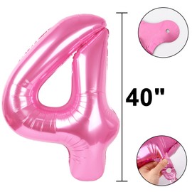 Pink Number 4 Balloon 40 Inch, Big Large Foil Helium Number Balloons,Jumbo Giant Mylar Self Inflating Number 0 Balloons for Birthday Party Decorations Supplies