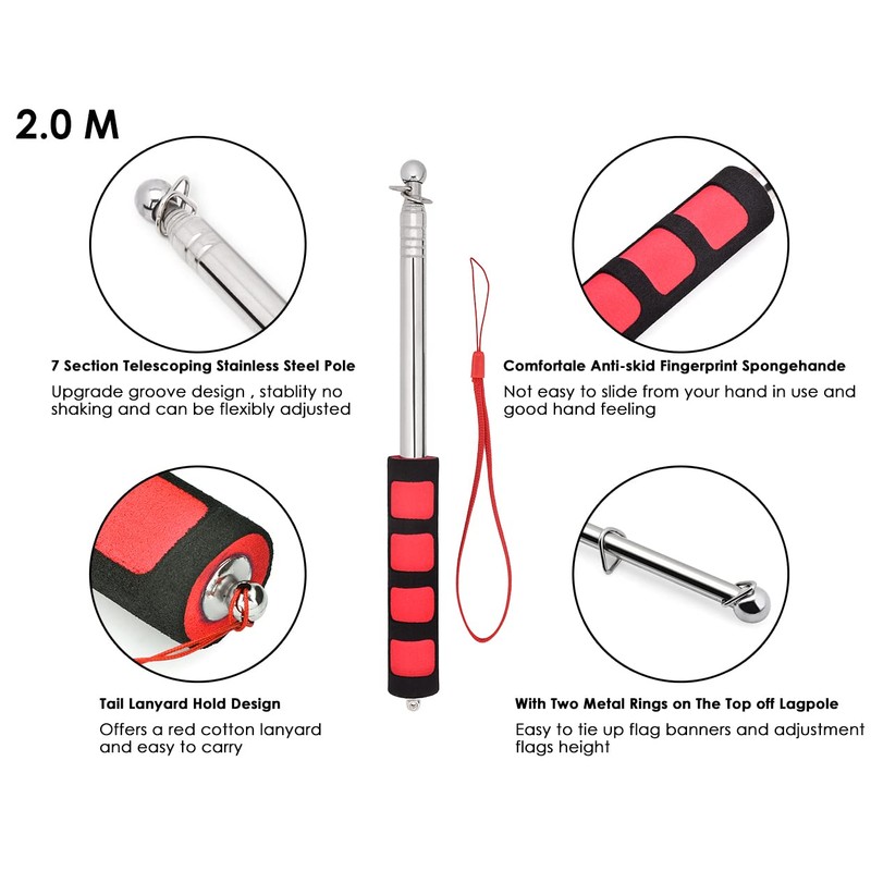 Telescopic Flag Pole, 2 Pieces, Handheld Flag Pole, Stainless Steel