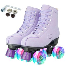 YYW Women Roller Skates High Top Girls Double Row Shiny Roller Derby Skates Four Wheel Unisex PU Classic Skates for Beginner Outdoor (Light Purple Flashing Wheel, 36-9.25in - Women's 6.5 / Men's 5)