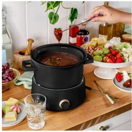 Electric Fondue Set with 3 Qt Stainless Steel Pot, 2 Qt Ceramic Insert, Black, 6 Color-Coded Forks, Adjustable Temperature Control