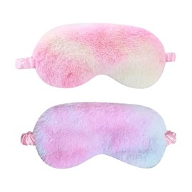 2 Pcs Soft Plush Eye Masks Fluffy Sleeping Mask Rainbow Sleep Eye Mask Travel Nap Eye Cover Night Eye Shades for Sleeping Comfortable Sleep Blindfold for Women Men Purple Red