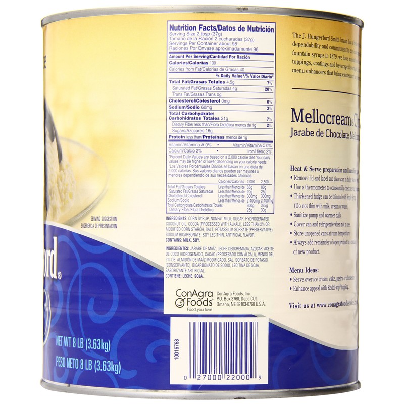 J. Hungerford Smith Fudge Topping, Mellocream Chocolate, 8 Pound