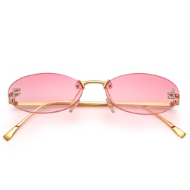 Dollger Trendy Rimless Oval Sunglasses Women Men Retro Y2K Glasses Small Diamond Frame 90s Metal Designer Shades, C4: Pink, Small