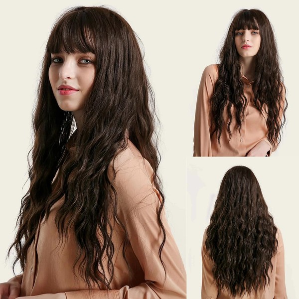 Netgo Brown Wigs, Long Brown Wig with Bangs, Long Curly Wavy Hair Wigs for Women, Heat Resistant Fiber Synthetic Daily Party Cosplay Wigs for Girl