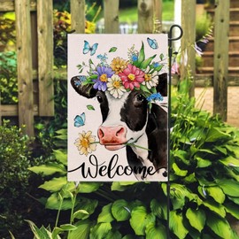 Spring Welcome Cow Garden Flag 12 x 18 inch Double Sided Outside decorations,Funny Cute Animal Flower Butterfly Small Garden Flags For Outdoor Yard Lawn