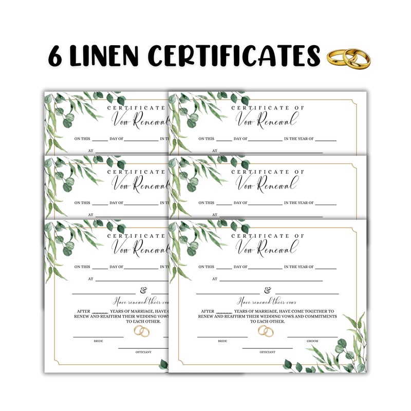 Vow Renewal Certificate on Linen 6pk 8.5x11” Marriage License Gold