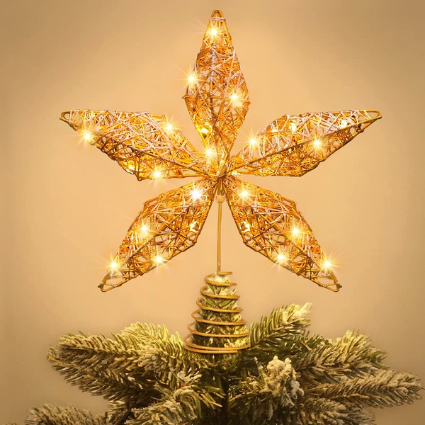 JOISHOP Christmas Tree Topper Lighted, Rose Gold Star Tree Topper with 20 LED Lights Hollow Glitter Xmas Star Tree Topper for Christmas New Year Holiday Decorations