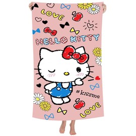 Hellokiitty Beach Towels, Hellokiitty Microfibre Beach Towel Velour Towel Swimming Shower Towel Lightweight Thin Portable Sauna Towel Beach Swimming Kids PoolTowel Beach Blanket for Kids(75 x 150cm)