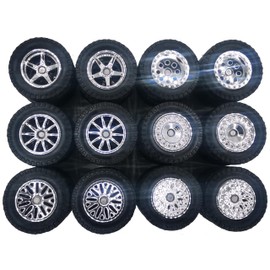 6 Set Wheels and Tires Kit Simulation 1/64 Model Trucks Off Road Modified Tire with 6 Styles Hub, Electroplated Silver 1/64 Scale Wheels for Trucks(Diameter 0.56in/14.2mm)