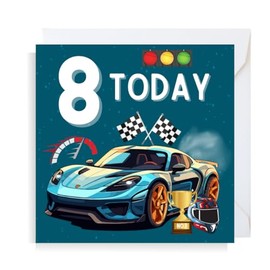 Second Ave Racing Car 8th Birthday Age 8 Square Children's Kids Birthday Greeting Card for Boy or Girl
