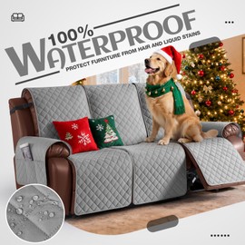 KinCam 100% Waterproof Recliner Sofa Covers, Non-Slip Reclining Couch Covers for 3 Seat, Recliner Couch Cover Furniture Protector with Elastic Straps for Pets, Kids, Light Gray