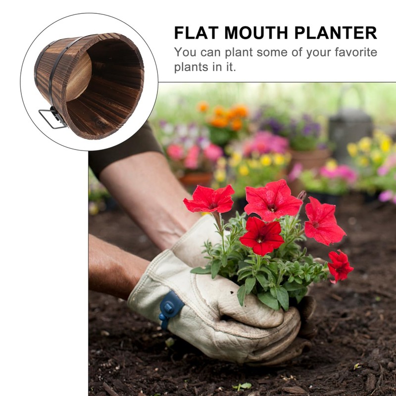 Happyyami Wooden Round Barrel Planter Retro Style Flat Mouth Flower