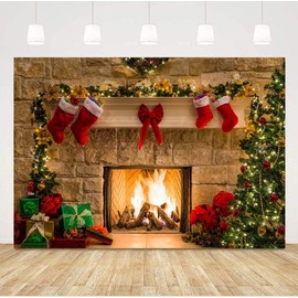 Christmas Fireplace Themed Home Decorations Photography Backdrop Xmas Tree Red Sock Children Gift Birthday Party Newborn Baby Shower 5x3ft Photo Background Vinyl Studio Props Party Banner Supplies