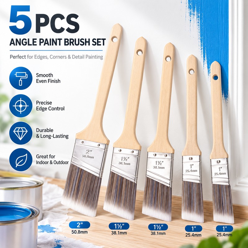5-Piece Angled Paint Brush Set – Wood Handle Polyester Trim