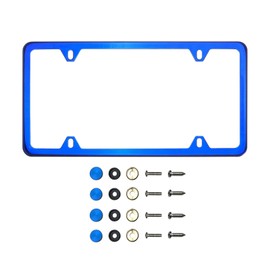 KA DEPOT Four Hole Slim Version Blue Chrome Mirror License Plate Frame T304 Stainless Steel + Metal Screw Caps