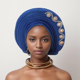 Generic Elegant African Auto Gele Women's Turban Cap Nigeria Wedding Aso Oke Gele Ready to Wear Sego Headtie with Diamonds Party Headwear (One Size,Royal Blue)