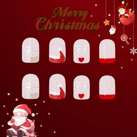 Vokupoga Christmas Short Press on Nails French Tip Fake Nails Square False Nails with Elk Santa Hat Designs Glitter Glue on Nails Christmas Nails Cute Xmas Stick on Nails for Women 24Pcs