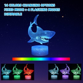 Kenmaca Sharks Night Light for Kids Boy Girl Bedroom, 3D Illusion Lamp 3 Patterns 16 Colors Changing Dimmable Room Decor, Touch & Remote Control, Birthday Christmas Gift Baby Toddler Teenage