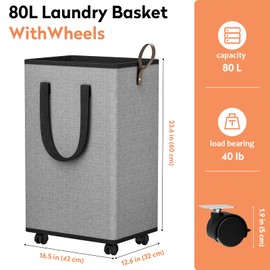SpaceTrove SpaceTrove Laundry Basket with Wheels, Collapsible Laundry Baskets, Laundry Hamper with Handles Detachable Wheels, Rolling Laundry Basket, Dirty Clothes Hamper for Bathroom, Dorm, Bedroom, Grey, 80L