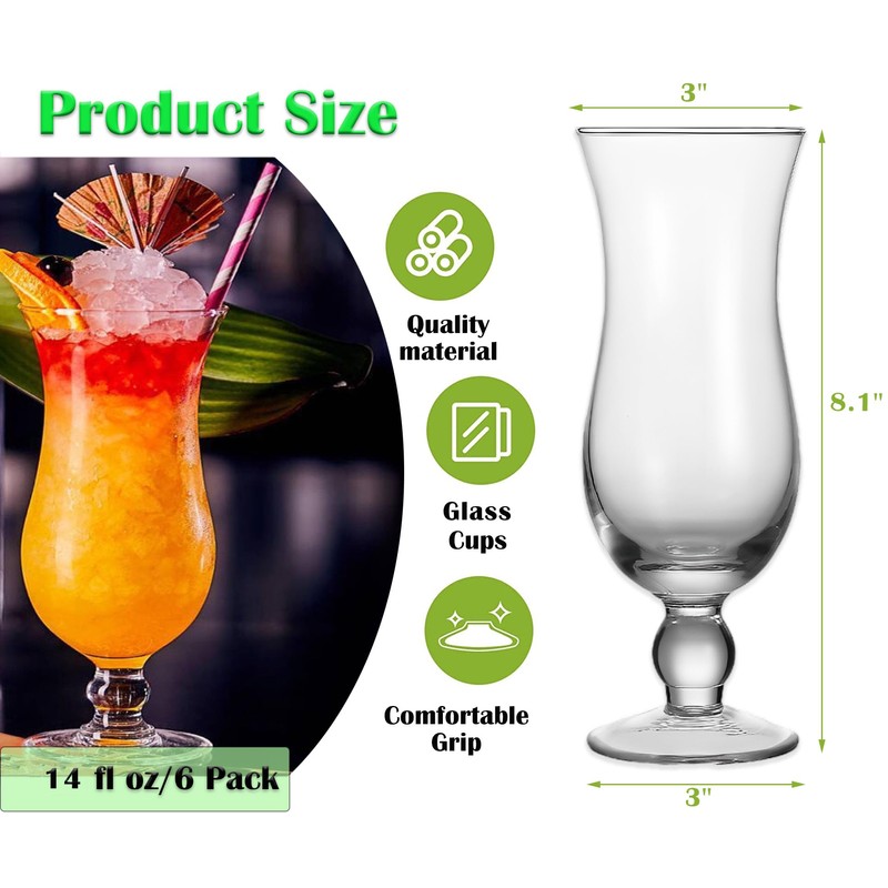 Cheardia 6 Pack Hurricane Glass, 14 oz Pina Colada Glasses