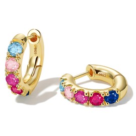 GLoquat 14k Gold Plated Rainbow Cubic Zirconia Hoop Earring for Women Sterling Silver Post Colorful CZ Huggies Stud for Female Hypoallergenic Trendy Jewelry Gift Birthday Anniversary Wedding Earring