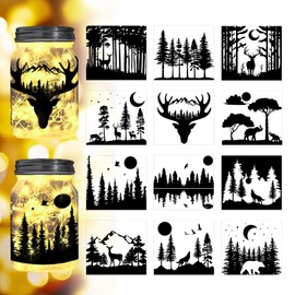 Peacoblue Forest Silhouette Cutouts for Jars, Mason Can, Glass, Wishing Bottle Decor(No Stickers), 12Pcs Reusable Forest Silhouette Lantern DIY Craft Kit Jar Decals Art Mural Home Garden