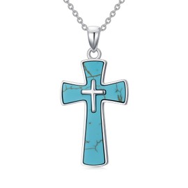 Genuine Turquoise Cross Necklace Sterling Silver Boho Natural Gemstone Necklace Gift for Women