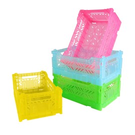 PTEREIW 4Pack Pastel Plastic Storage Crates and Baskets, Collapsible Crates for Organizing, 4L Space Saving Bins for Classroom, Kitchen, Office, Bedroom,Desk Organizer. (Mix Colors)