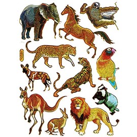 Charo Elephant Horse Leopard Bunny Badger Animals Colourful Stickers 11 Pieces 1 Sheet 135 mm x 100 mm Stickers Craft Kids Party Metallic Look