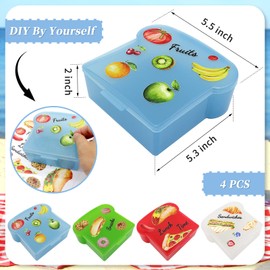 Mngren Personalisierte Brotdosen 4 Stück mit Cartoon-Aufkleber, Sandwich-Behälter Bento Brotbox Lunch-Boxen, Lunchbox-Bentobox für Kinder und Erwachsenen, Mikrowellen- und spülmaschinenfest