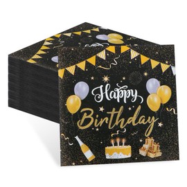 60 Stück Servietten Geburtstag, Servietten Schwarz Gold, 33x33cm Happy Birthday Servietten, Party Geburtstagsdeko, Happy Birthday Deko für Mann Frau