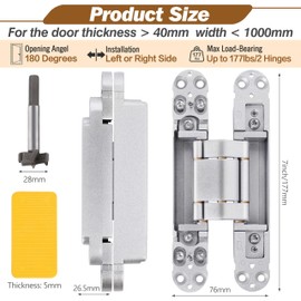 Upgraded Hidden Door Hinges 7 inch Silver Invisible Hinges Concealed Hinge 3 Way Adjustable Butt Hinge & 180 Degree Swing with Capacity up to 177lb (Pack of 2)