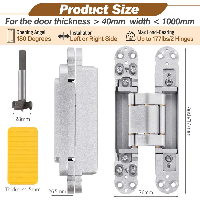 Upgraded Hidden Door Hinges 7 inch Silver Invisible Hinges Concealed