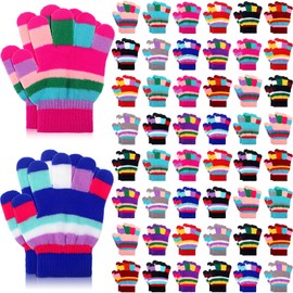 Handepo 50 Pairs Kids Winter Gloves Bulk Stretchy Full Finger Knitted Gloves Winter Warm Knitted Gloves for Boys Girls (Rainbow Color)