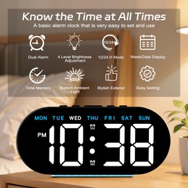 Necomi 7.8'' Digital Alarm Clock, Upgrade Digital Clock with Ambient Light, with Day/Date/Temperature/ 12/24H/ Dual Alarm/Snooze, Bedside Desk Clock for Students and Children (Semi-Circle Blue)