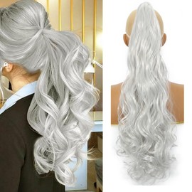 HENSLEELY Long Curly PonyTail Hair Extensions 22Inch Gray Claw Wavy Ponytail Extension for Women Fluffy Synthetic Clip in Hairpiece for Daily Use(22Inch,Gray)