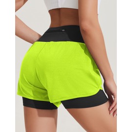 Pinspark - Pantalones cortos deportivos 2 en 1 para mujer, secado rápido, para correr, gimnasio, entrenamiento, con bolsillo con cierre, Verde, XL