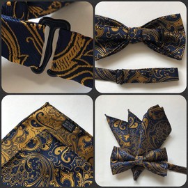 Paisley Navy X Gold [Bow Tie & Pocket Square] Set of 2 Men's one-touch Formal Magician