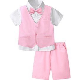 A&J DESIGN Pink Suit for Boys Easter Valentines Day Wedding Gentleman Photoshoot Formal Ring Bearer Outfit Summer Short Set Tuxedo 8-9 Years