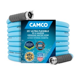 Camco EVOFlex 25-Ft RV Drinking Water Hose - Features Extra Flexible Design w/Stainless Steel Strain Relief Ends - Lead-Free, BPA-Free and Phthalate-Free - 5/8” Inside Diameter (22591)