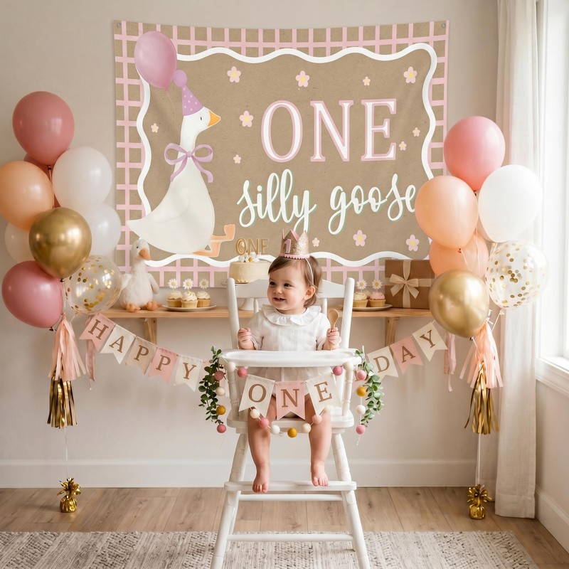 OPUHOHR Goose Pink Banner for One Silly Goose Birthday Decor
