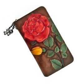 SHARPAD Wallet Genuine Leather for Women - with RFID Blocking Card checkbook ID Slot Large Capacity Vintage style (big rose coffee)