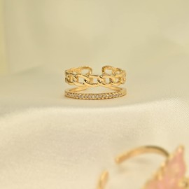 BZEBI 18K Plated Gold Stacking Chain Rings Adjustable Rings for Women - 5A Cubic Zirconia Open Link Rings for Women Girl - Simple Eternity Bands Minimalist Jewelry